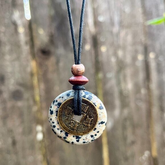 Dalmatian Jasper and Lucky Coin Pendant Handmade - Picture 3 of 5